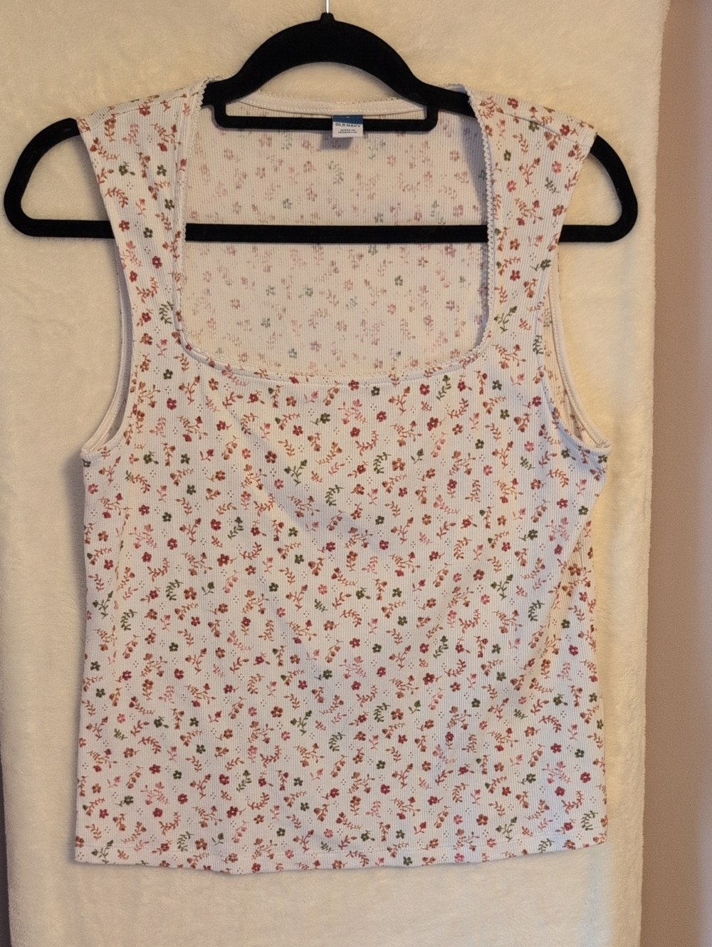 Old Navy White Floral Square-Neck Tank Top with Burgundy and Green Accents